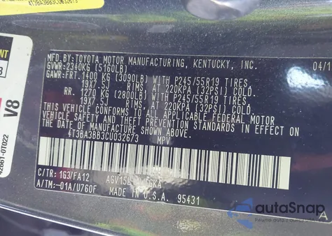 2012 Toyota Venza Le z USA, uszkodzony, nr VIN 4T3BA3BB3CU032673